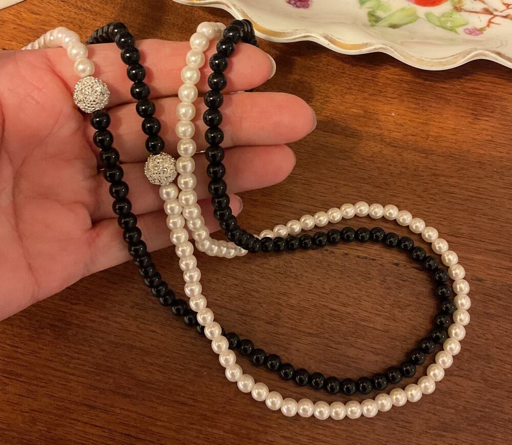 Vintage Black & White Beads Pearls Silver Accent Double Strand Necklace